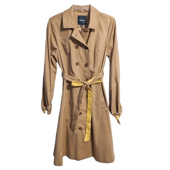 ModCloth Classic Imagination Khaki & Yellow Double Breas Trench Coat Women Small - Picture 11 of 12